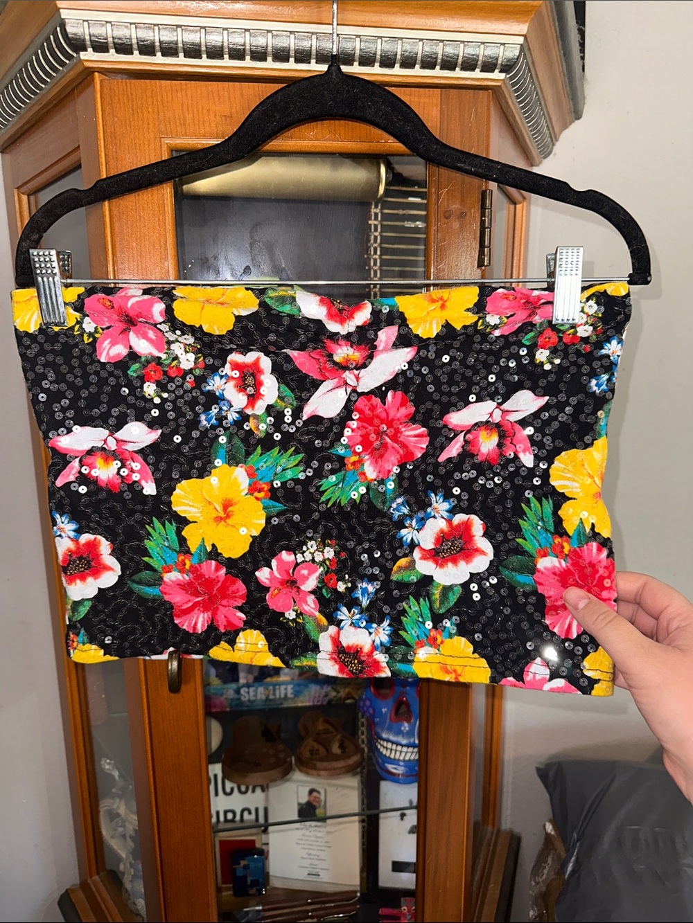 Floral Sequin Black Bandeau Top - Bright Tropical Print